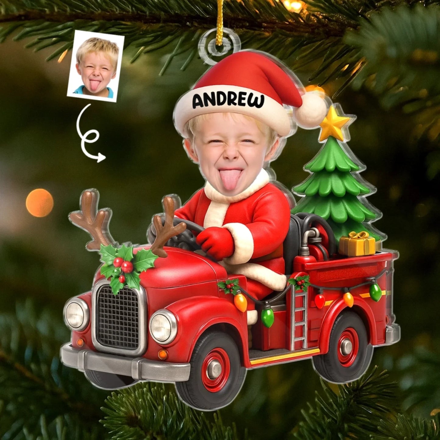 Custom Photo Acrylic Ornament - Personalized Christmas Birthday Gifts For Kids - Driving Into Holiday Magic