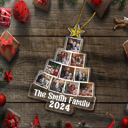 Christmas Tree Photo Family Name - Personalized Custom Shaped Acrylic Ornament